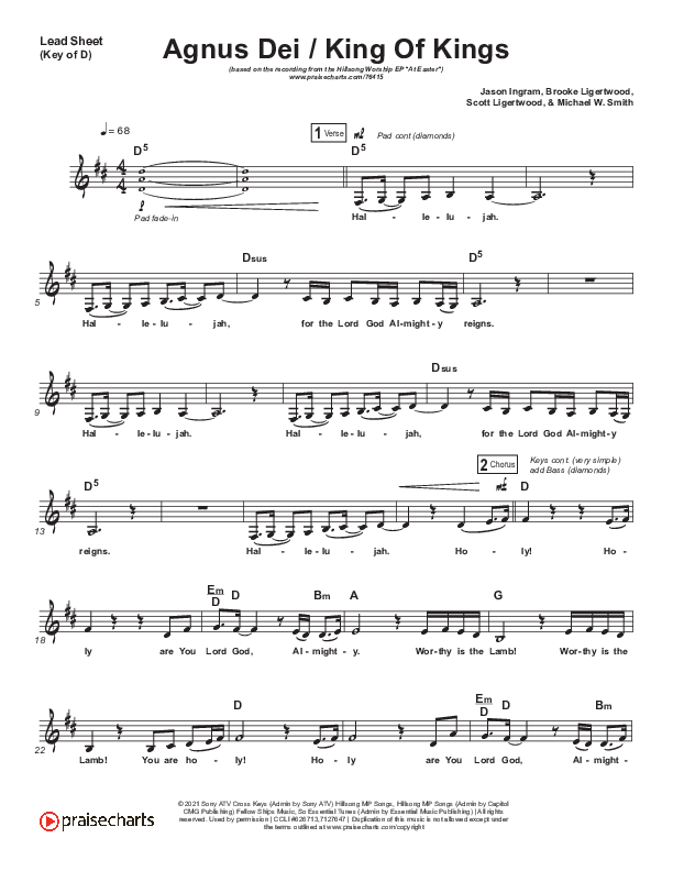 Agnus Dei / King Of Kings (Choral Anthem SATB) Lead Sheet (Melody) (Hillsong Worship / Arr. Luke Gambill)
