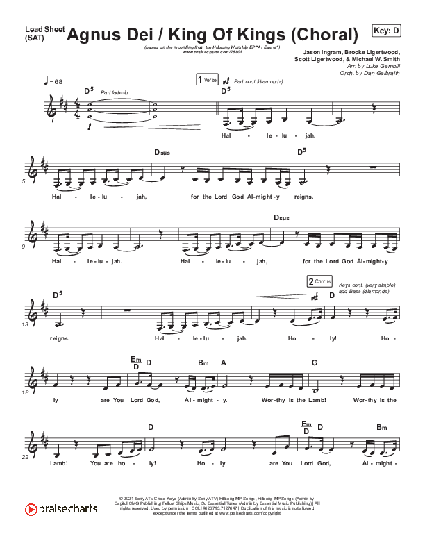 Agnus Dei / King Of Kings (Choral Anthem SATB) Lead Sheet (SAT) (Hillsong Worship / Arr. Luke Gambill)