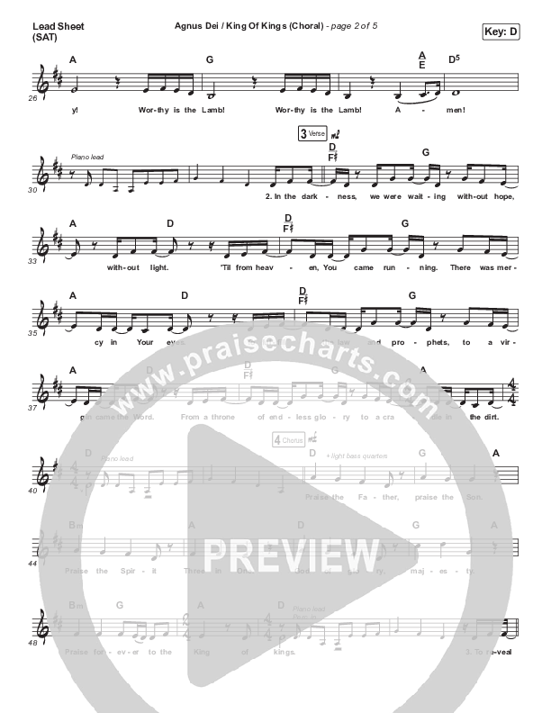 Agnus Dei / King Of Kings (Choral Anthem SATB) Lead Sheet (SAT) (Hillsong Worship / Arr. Luke Gambill)