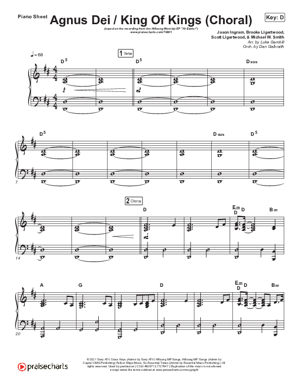 Agnus Dei / King Of Kings (Choral Anthem SATB) Piano Sheet (Hillsong Worship / Arr. Luke Gambill)