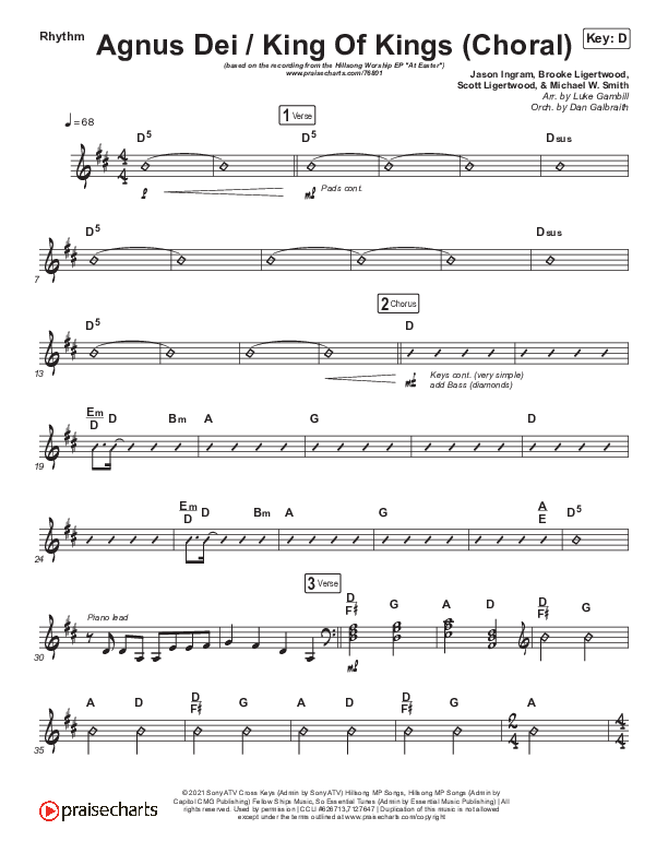 Agnus Dei / King Of Kings (Choral Anthem SATB) Rhythm Chart (Hillsong Worship / Arr. Luke Gambill)