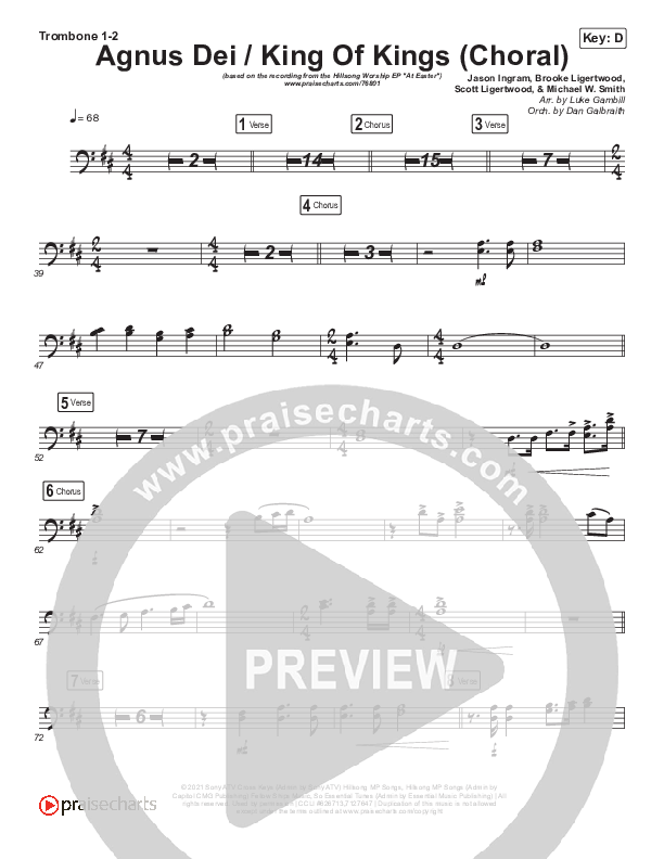 Agnus Dei / King Of Kings (Choral Anthem SATB) Trombone 1/2 (Hillsong Worship / Arr. Luke Gambill)