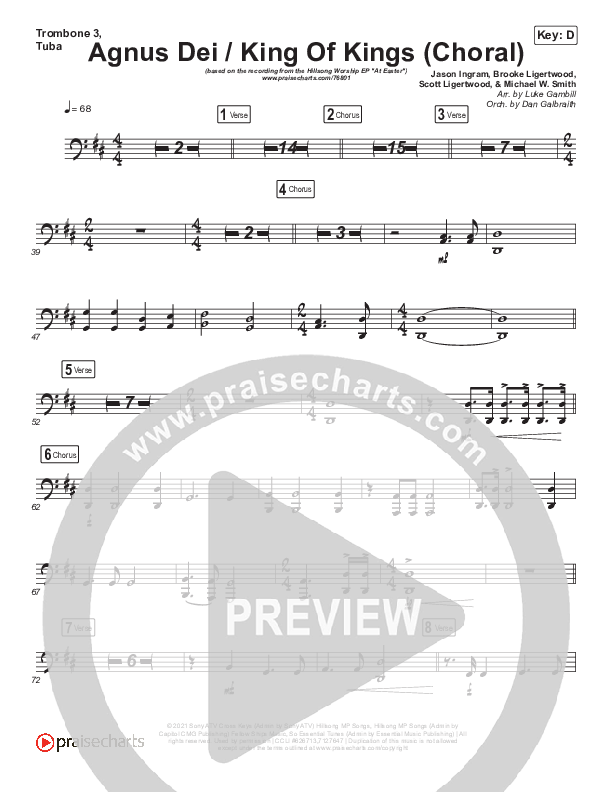 Agnus Dei / King Of Kings (Choral Anthem SATB) Trombone 3/Tuba (Hillsong Worship / Arr. Luke Gambill)