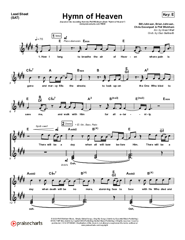 Hymn Of Heaven Lead Sheet (SAT) (Phil Wickham)