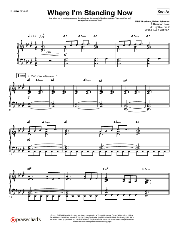 Where I'm Standing Now Piano Sheet (Phil Wickham / Brandon Lake)