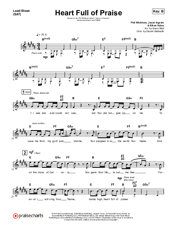 Heart Full Of Praise Lead Sheet (SAT) (Phil Wickham)