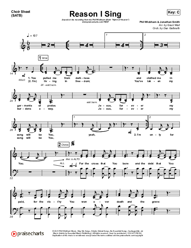 Reason I Sing Choir Sheet (SATB) (Phil Wickham)