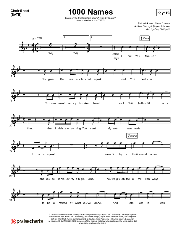 1000 Names Vocal Sheet (SATB) (Print Only) (Phil Wickham)