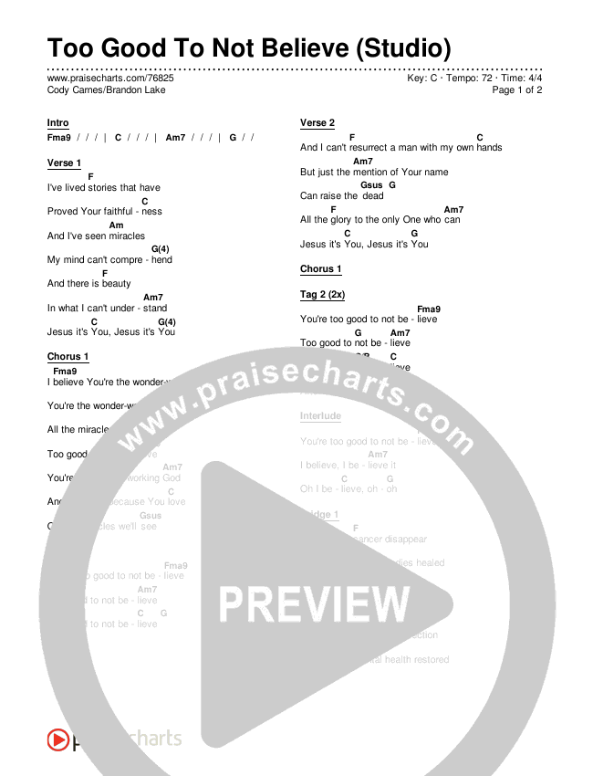 Too Good To Not Believe (Studio) Chords & Lyrics (Cody Carnes / Brandon Lake)