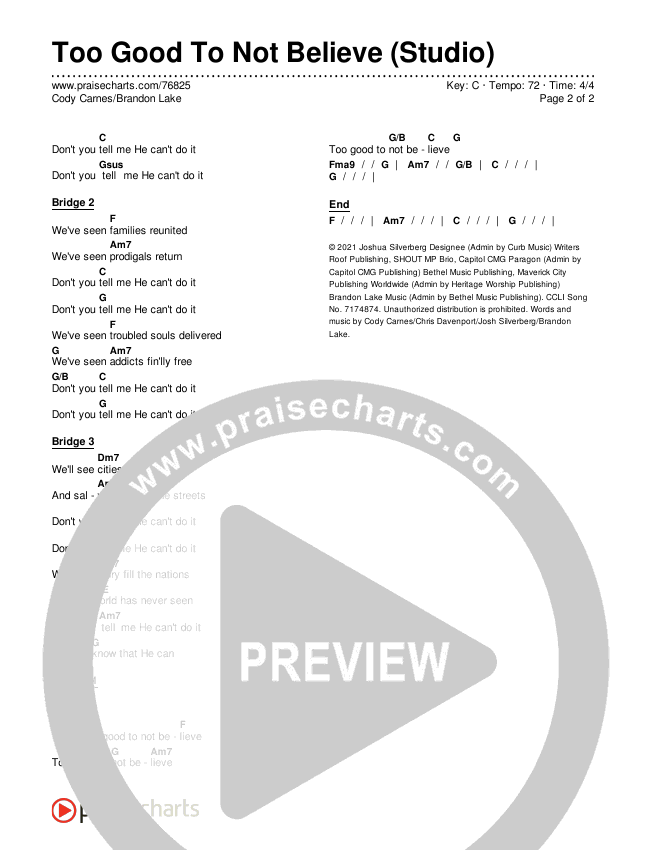 Too Good To Not Believe (Studio) Chords & Lyrics (Cody Carnes / Brandon Lake)