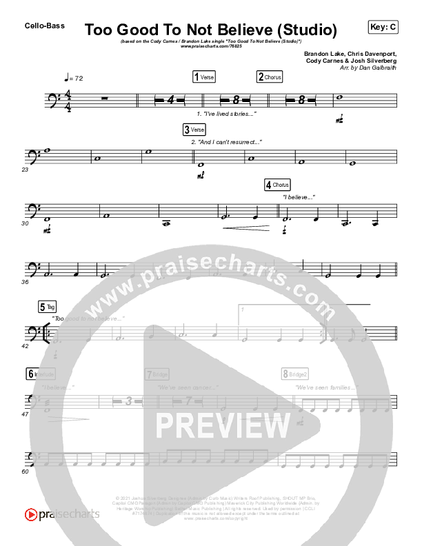 Too Good To Not Believe (Studio) Cello/Bass (Cody Carnes / Brandon Lake)