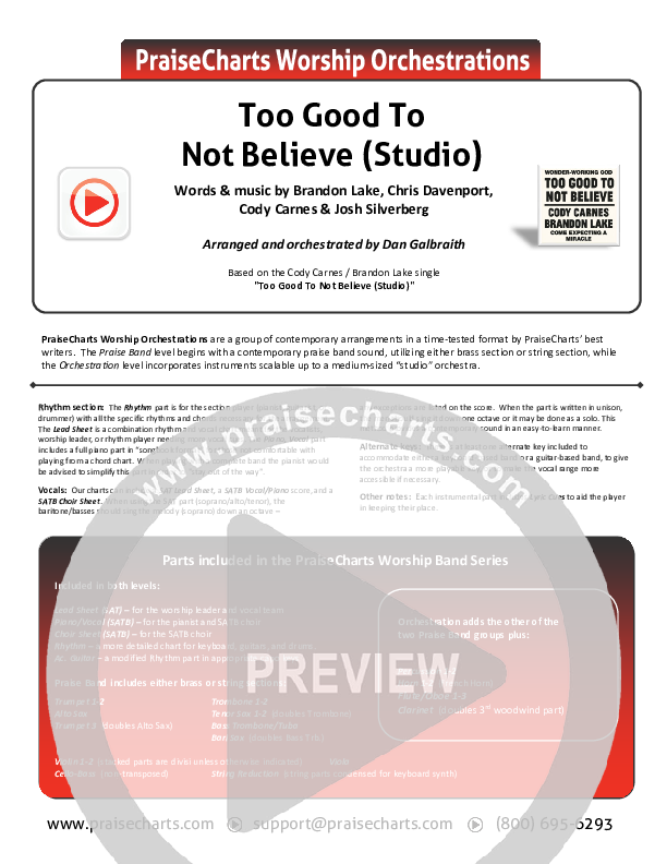 Too Good To Not Believe (Studio) Cover Sheet (Cody Carnes / Brandon Lake)