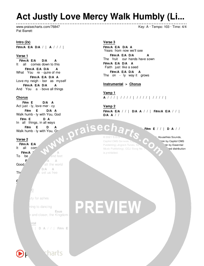 Act Justly Love Mercy Walk Humbly (Live) Chords & Lyrics (Pat Barrett)