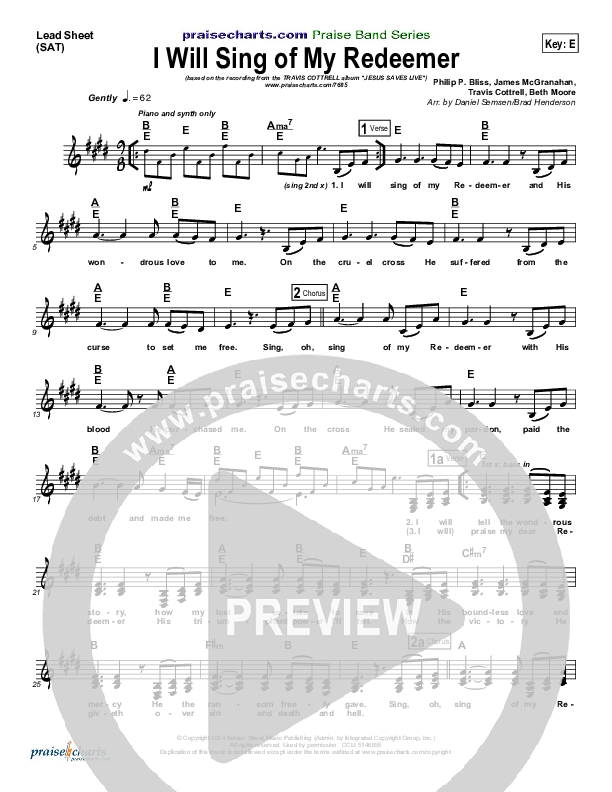 I Will Sing Of My Redeemer Lead Sheet (Travis Cottrell)