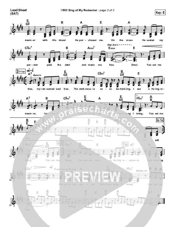I Will Sing Of My Redeemer Lead Sheet (SAT) (Travis Cottrell)