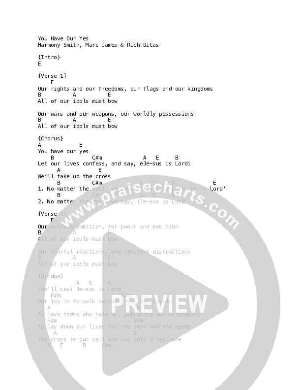 You Have Our Yes Chord Chart (Vineyard Worship)