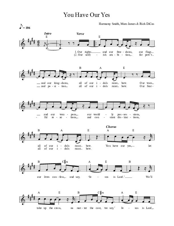 You Have Our Yes Lead Sheet (Vineyard Worship)