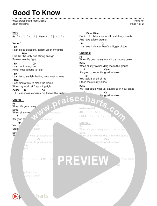 Good To Know Chords Pdf Zach Williams Praisecharts