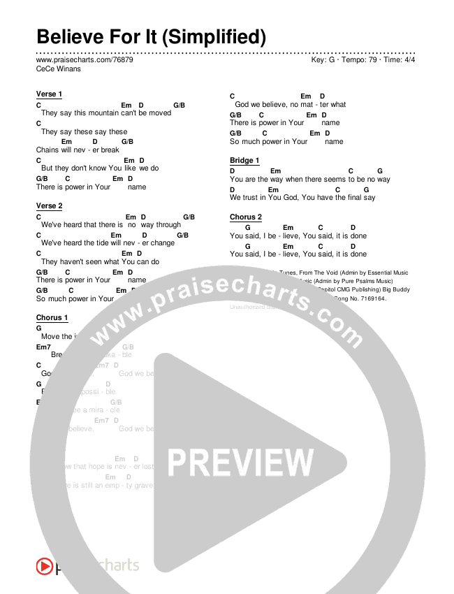 Believe For It (Simplified) Chord Chart (CeCe Winans)