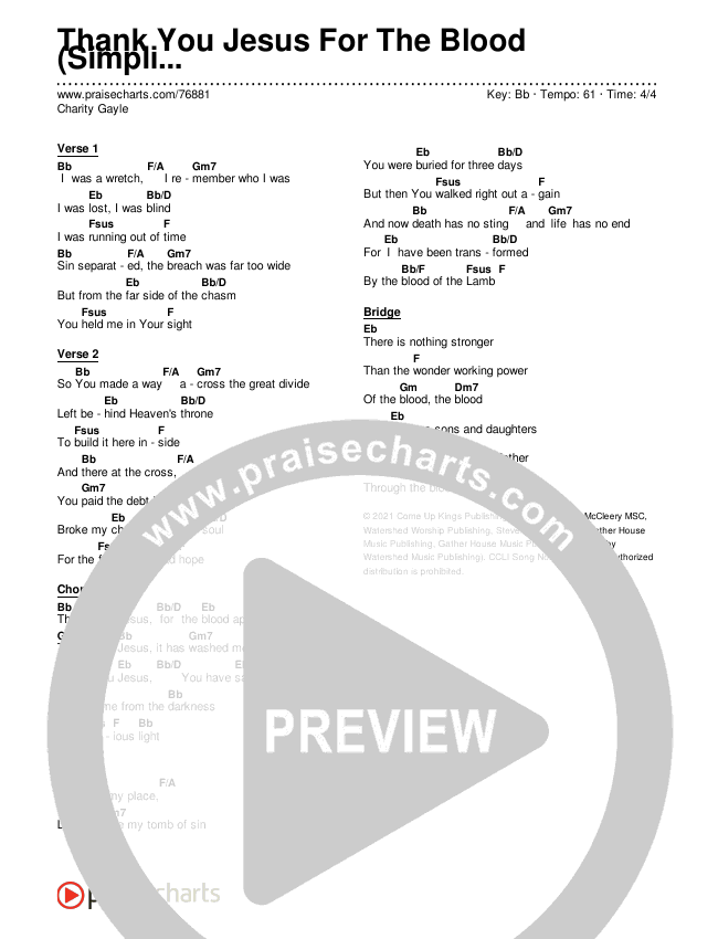 Thank You Jesus For The Blood (Simplified) Chord Chart (Charity Gayle)