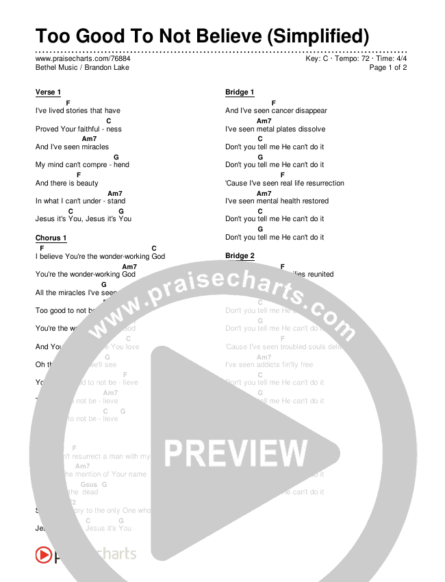 Too Good To Not Believe (Simplified) Chord Chart (Bethel Music / Brandon Lake)
