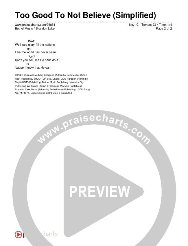 Too Good To Not Believe (Simplified) Chord Chart (Bethel Music / Brandon Lake)