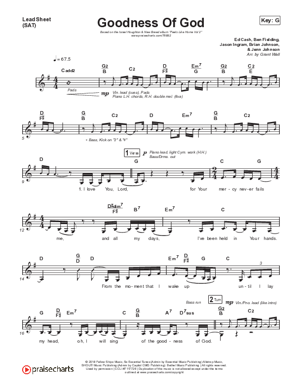 Goodness Of God Lead Sheet (SAT) (Israel & New Breed)