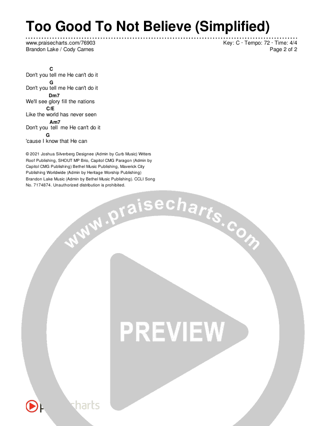 Too Good To Not Believe (Studio) (Simplified) Chord Chart (Brandon Lake / Cody Carnes)