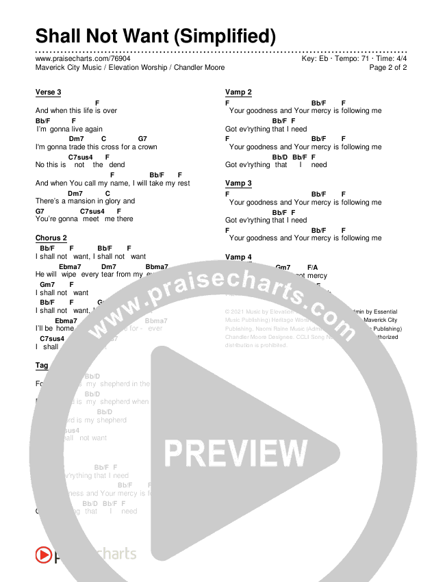Shall Not Want (Simplified) Chord Chart (Maverick City Music / Elevation Worship / Chandler Moore)
