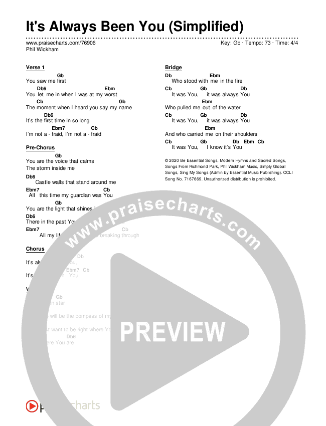 It's Always Been You (Simplified) Chord Chart (Phil Wickham)