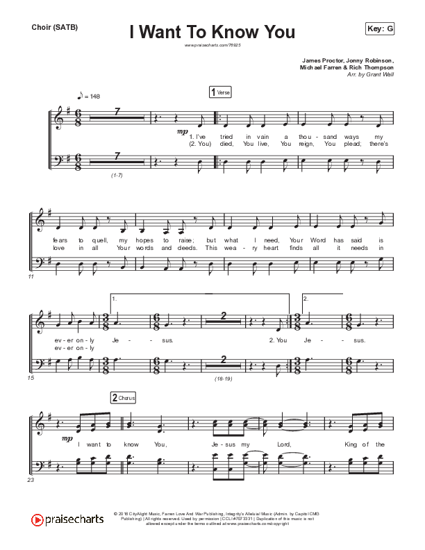 I Want To Know You Choir Sheet (SATB) (CityAlight)