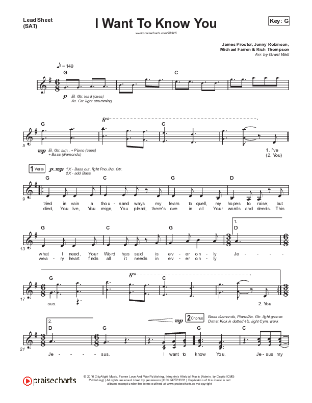 I Want To Know You Lead Sheet (SAT) (CityAlight)