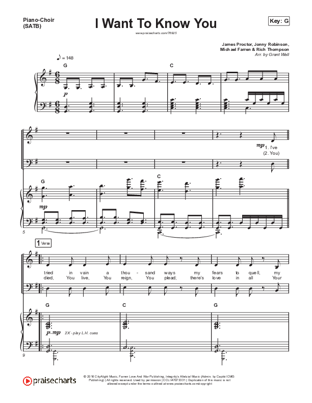 I Want To Know You Piano/Vocal (SATB) (CityAlight)