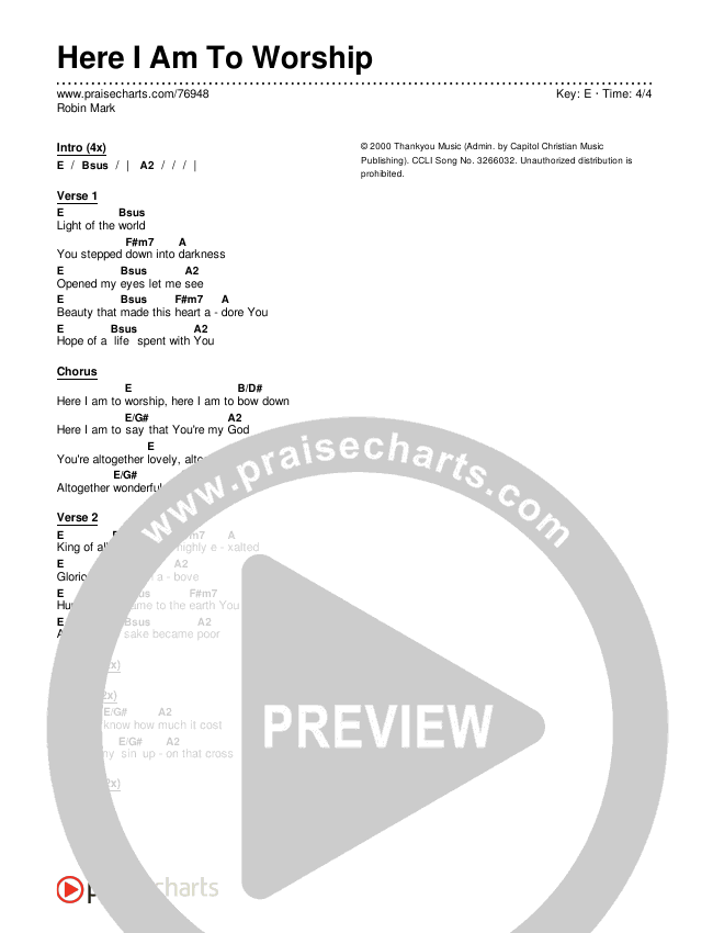 Light Of The World (Here I Am To Worship) Chords & Lyrics (Robin Mark)