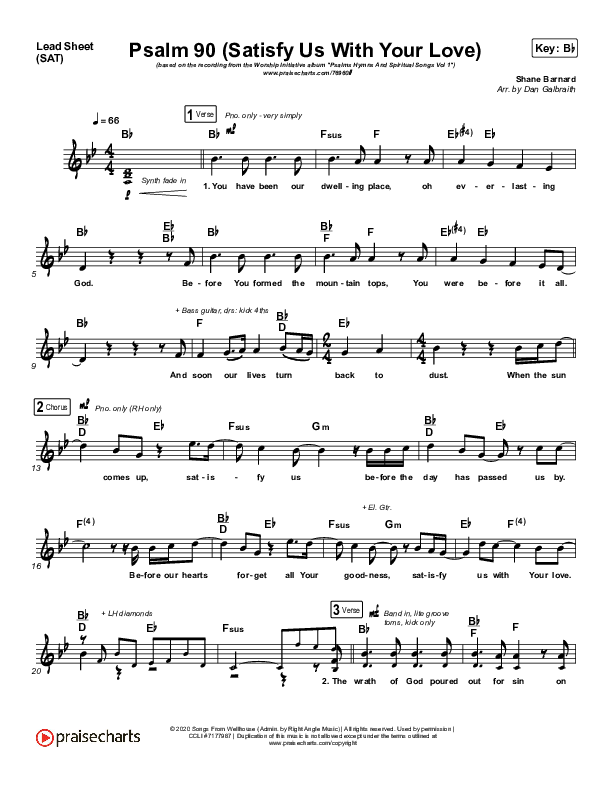 Psalm 90 (Satisfy Us With Your Love) Lead Sheet (The Worship Initiative / Shane & Shane)