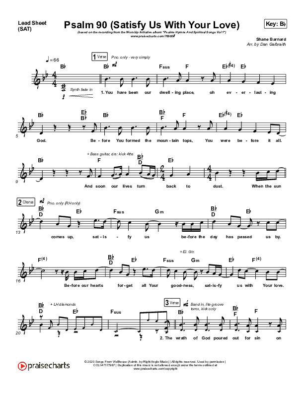 Psalm 90 (Satisfy Us With Your Love) Lead Sheet (SAT) (The Worship Initiative / Shane & Shane)