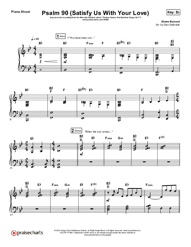Psalm 90 (Satisfy Us With Your Love) Piano Sheet (The Worship Initiative / Shane & Shane)
