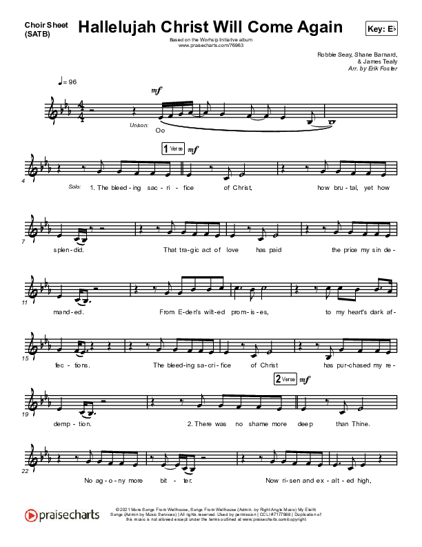 Hallelujah Christ Will Come Again Choir Sheet (SATB) (The Worship Initiative / Shane & Shane)