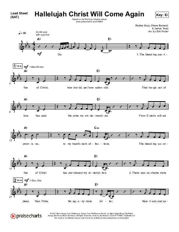 Hallelujah Christ Will Come Again Lead Sheet (SAT) (The Worship Initiative / Shane & Shane)