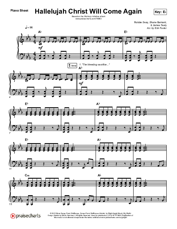Hallelujah Christ Will Come Again Piano Sheet (The Worship Initiative / Shane & Shane)