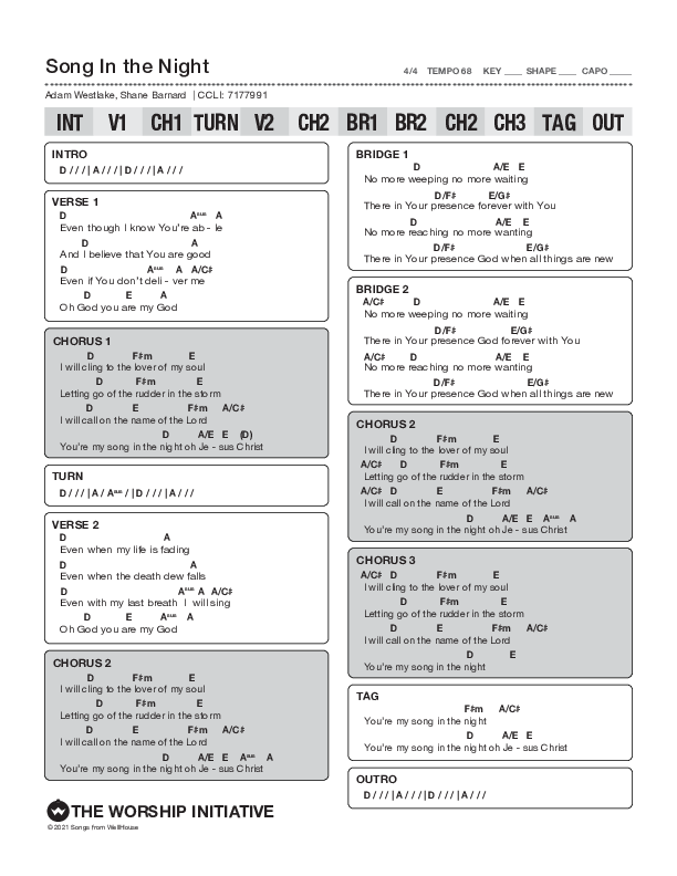 Song In The Night Chord Chart (The Worship Initiative / Shane & Shane)