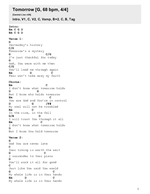 Tomorrow Chord Chart (Central Live)