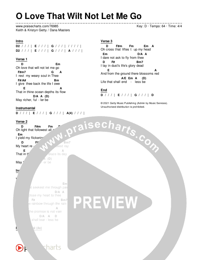 O Love That Will Not Let Me Go Chords & Lyrics (Keith & Kristyn Getty / Dana Masters)