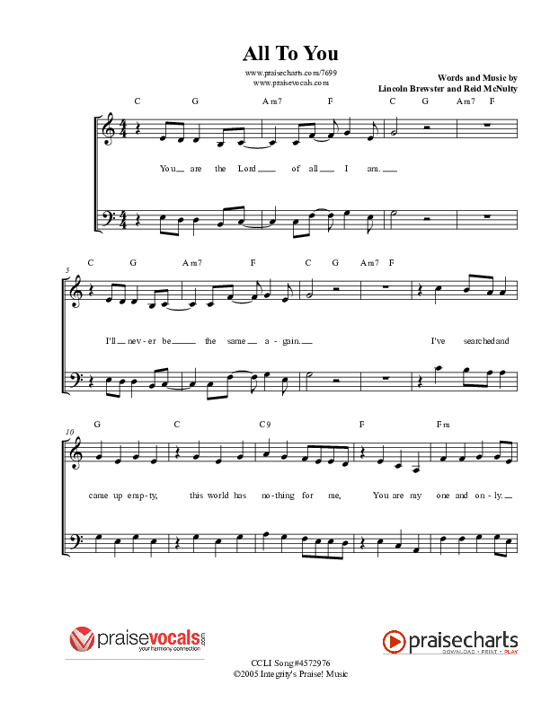 All To You Lead Sheet (SAT) (PraiseVocals)