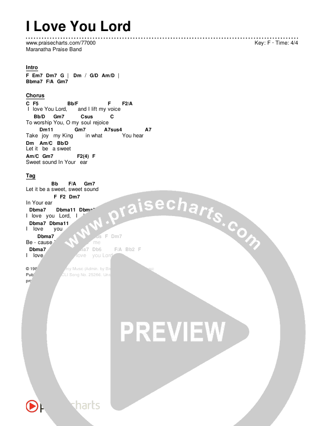 I Love You Lord Chord Chart (Maranatha Praise Band)