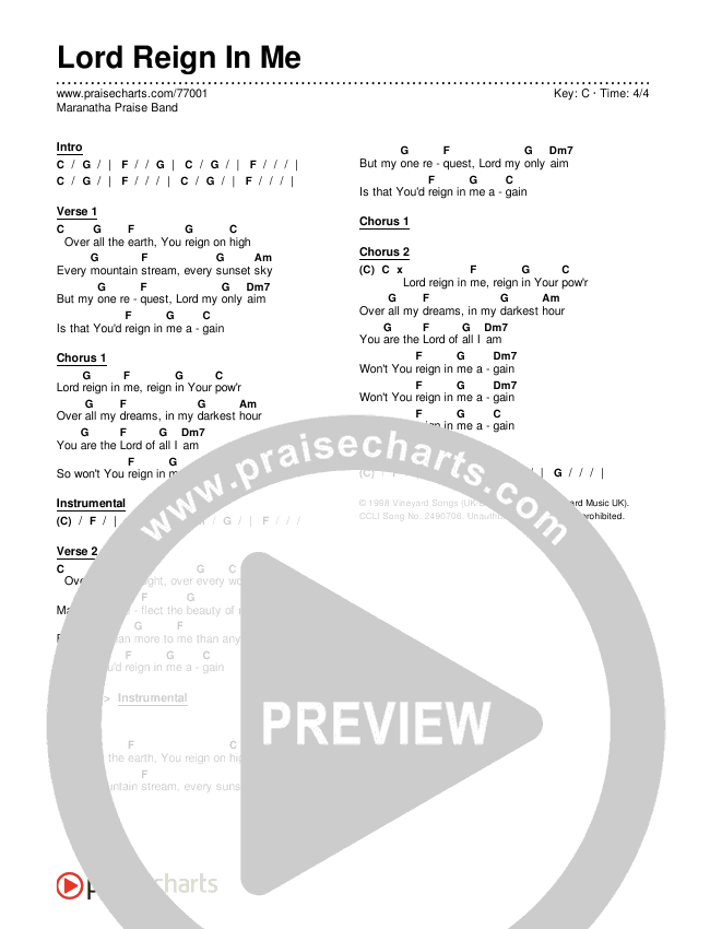 Lord Reign In Me Chord Chart (Maranatha Praise Band)