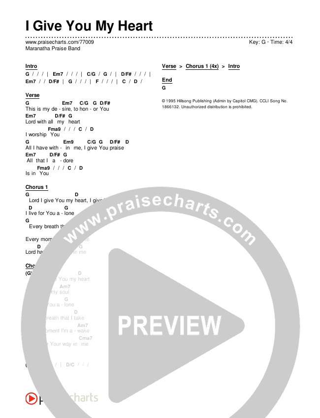 I Give You My Heart Chord Chart (Maranatha Praise Band)