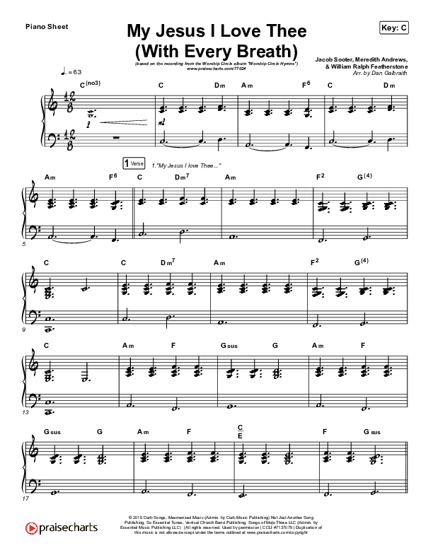 My Jesus I Love Thee (With Every Breath) Piano Sheet (Worship Circle)