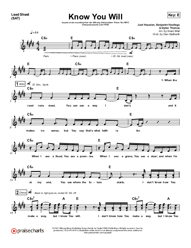 Know You Will Lead Sheet (SAT) (Hillsong UNITED)