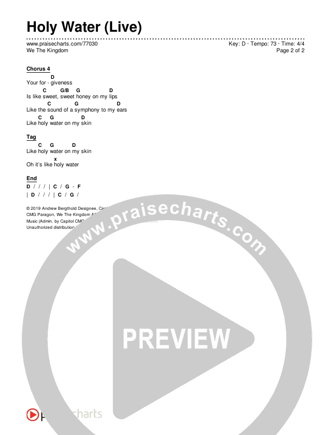 Holy Water (Live) Chords & Lyrics (We The Kingdom)